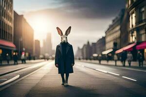 a rabbit wearing a coat and standing in the middle of a city street. AI-Generated photo