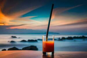 a glass of orange juice on a table in front of the ocean. AI-Generated photo
