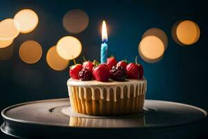 a cupcake with a single candle on top. AI-Generated photo