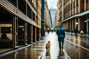 un persona caminando con un gato en un lluvioso calle. generado por ai foto