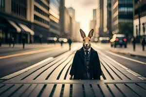 un Conejo en un traje y Corbata en pie en un calle. generado por ai foto