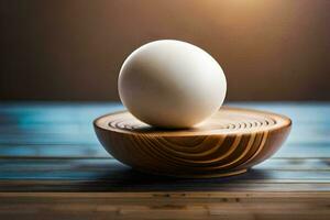 an egg on a wooden bowl. AI-Generated photo