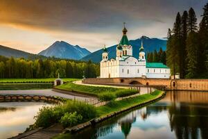 a church in the middle of a river with mountains in the background. AI-Generated photo