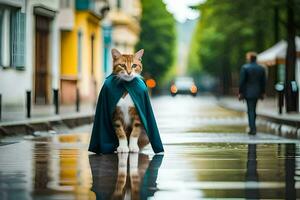 a cat wearing a cape on a rainy street. AI-Generated photo
