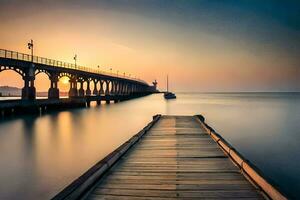 un muelle a puesta de sol con un barco en el agua. generado por ai foto