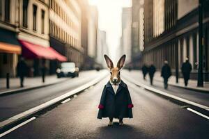 a rabbit wearing a coat and tie standing in the middle of a city street. AI-Generated photo