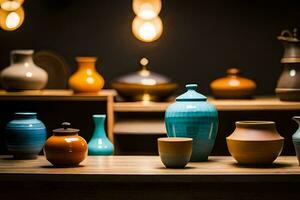 a collection of colorful vases on a table. AI-Generated photo