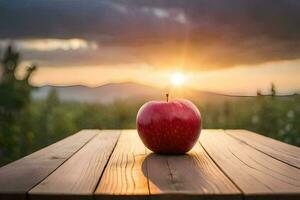 an apple sits on a wooden table in front of a sunset. AI-Generated photo