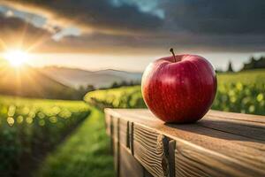 un manzana se sienta en un de madera banco en frente de un viñedo. generado por ai foto