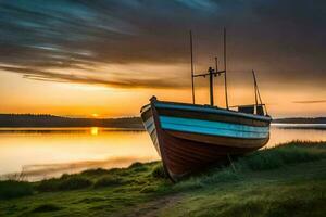 a boat sits on the shore at sunset. AI-Generated photo