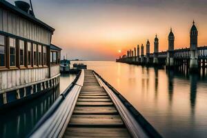 a pier with a boat and a building at sunset. AI-Generated photo