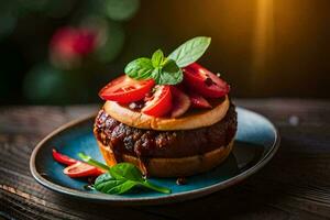 a hamburger with tomatoes and basil on a plate. AI-Generated photo