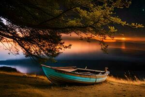 a boat sits on the shore at night with a tree in the background. AI-Generated photo