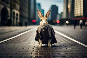 un Conejo vestido en un traje y Corbata en pie en un calle. generado por ai foto