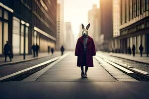 a rabbit wearing a red coat is walking down a city street. AI-Generated photo