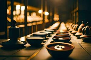 a row of bowls and cups lined up on a table. AI-Generated photo