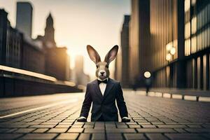 a rabbit wearing a suit and tie on the street. AI-Generated photo