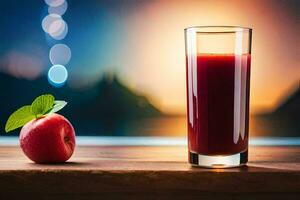 a glass of juice with an apple on a table. AI-Generated photo