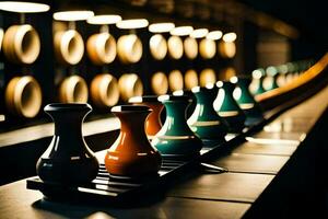 a row of vases lined up on a table. AI-Generated photo