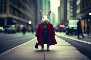 a rabbit dressed in a red coat and tie standing on a city street. AI-Generated photo
