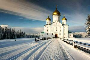 a white church with golden domes in the snow. AI-Generated photo