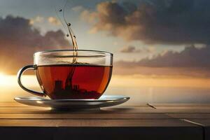 un taza de té en un mesa con un puesta de sol en el antecedentes. generado por ai foto