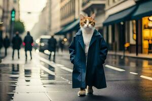 a cat in a trench coat walking down a street. AI-Generated photo