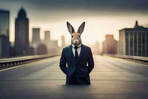 a rabbit wearing a suit and tie in front of a city. AI-Generated photo