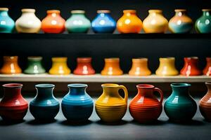 colorful vases lined up on a shelf. AI-Generated photo