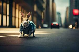 a rabbit wearing a suit and tie on the street. AI-Generated photo