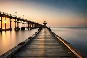 un muelle con un faro a puesta de sol. generado por ai foto