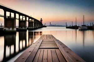 a wooden dock with a bridge over water. AI-Generated photo