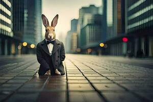 a rabbit wearing a suit and tie sits on the ground. AI-Generated photo