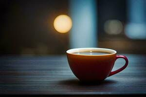 a red cup of coffee on a wooden table. AI-Generated photo