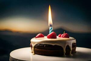 a birthday cake with a single candle on top. AI-Generated photo