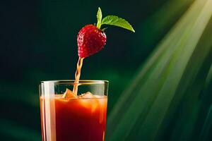 a strawberry being poured into a glass of juice. AI-Generated photo