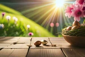 the sun is shining on a wooden table with a bowl of eggs and flowers. AI-Generated photo