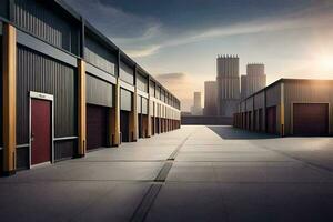 a long row of storage buildings with a sun setting behind them. AI-Generated photo