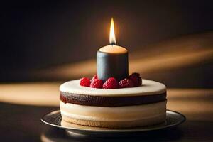 a cake with a candle on top and raspberries. AI-Generated photo
