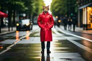 un zorro vistiendo un rojo Saco y en pie en un mojado calle. generado por ai foto
