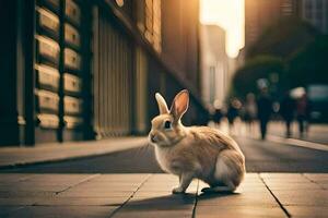un Conejo es sentado en el acera en frente de un edificio. generado por ai foto
