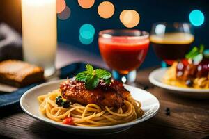 two plates with spaghetti and meat on a table. AI-Generated photo