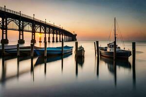 boats sit in the water under a pier at sunset. AI-Generated photo