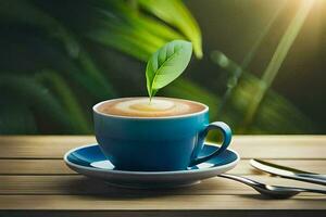 coffee, green, plant, cup, saucer, spoon, utensils, ut. AI-Generated photo