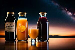 jugo botellas y naranja jugo en un mesa con un noche cielo. generado por ai foto