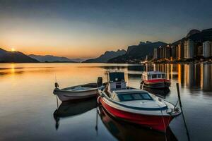 barcos atracado a el apuntalar de un lago a puesta de sol. generado por ai foto
