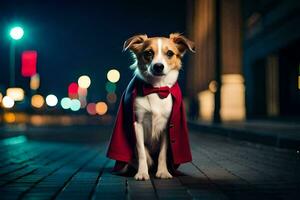 a dog dressed in a red cape and bow tie. AI-Generated photo