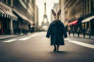 a rabbit in a coat walking down a street. AI-Generated photo