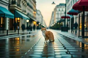 a cat is standing on a wet street in the rain. AI-Generated photo