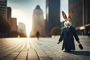 a rabbit dressed in a suit and tie is standing in the middle of a city street. AI-Generated photo